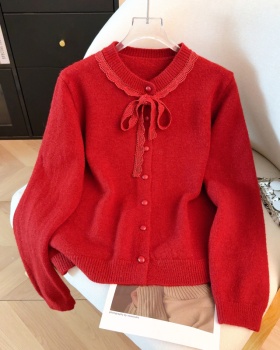 Tender knitted bow red sweater spring lace round neck tops