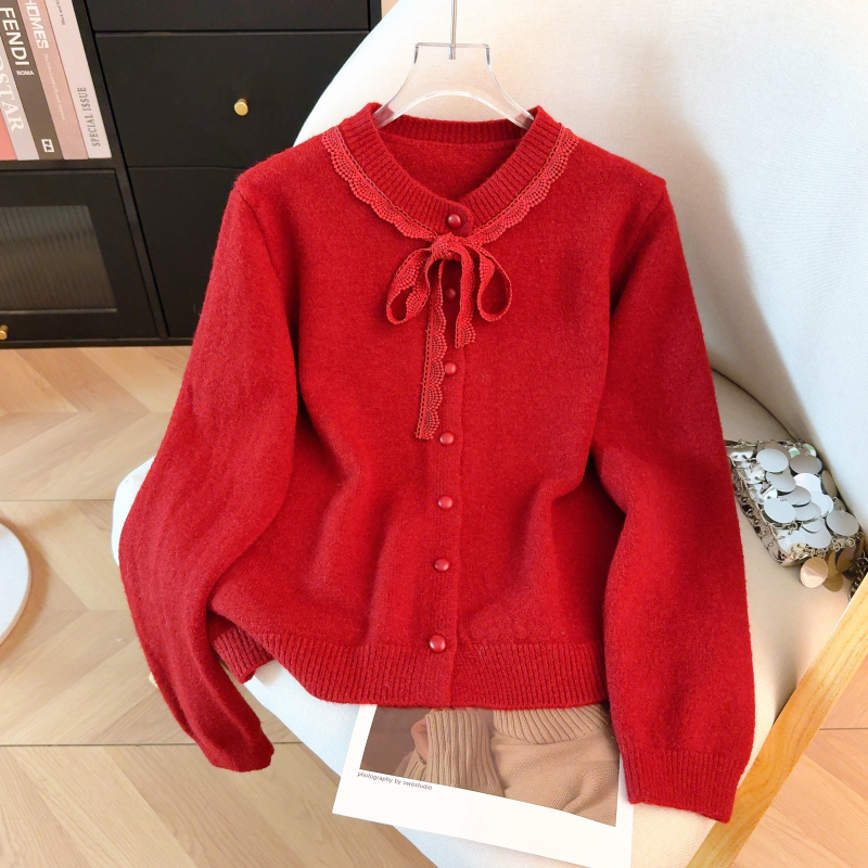 Tender knitted bow red sweater spring lace round neck tops