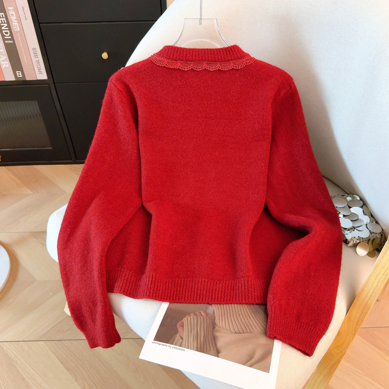 Tender knitted bow red sweater spring lace round neck tops