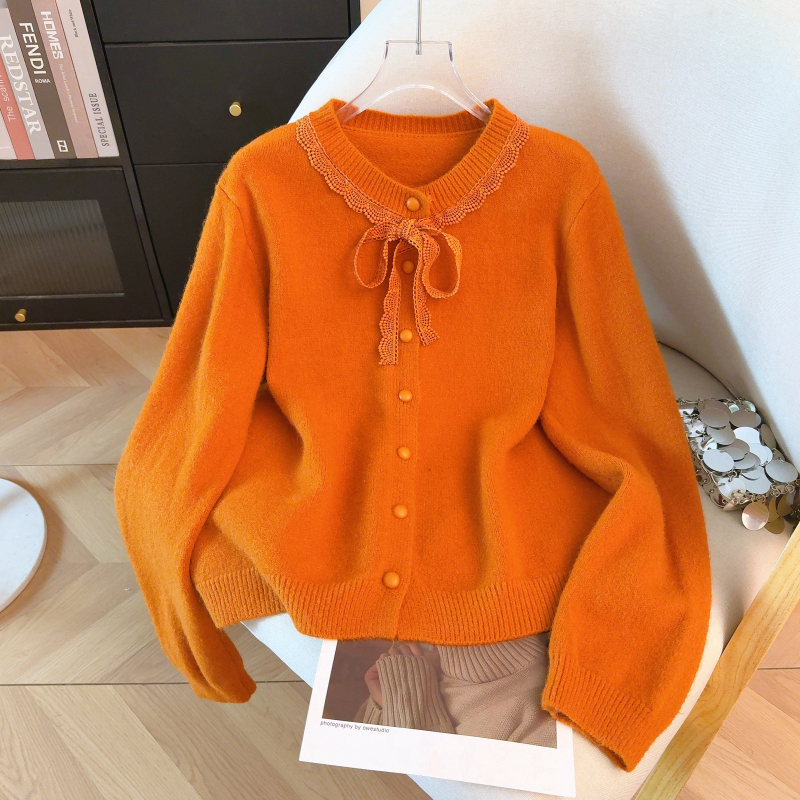 Tender knitted bow red sweater spring lace round neck tops