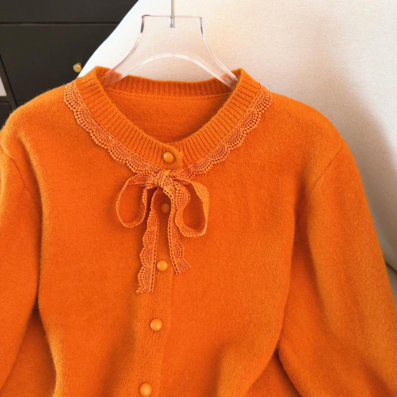 Tender knitted bow red sweater spring lace round neck tops