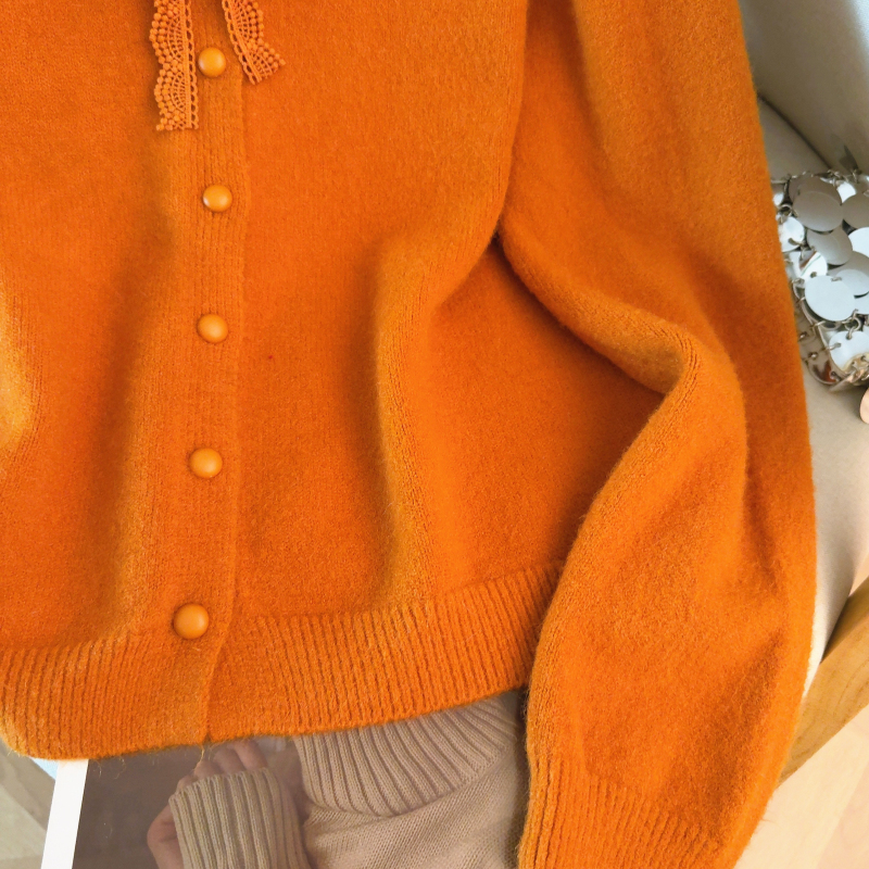 Tender knitted bow red sweater spring lace round neck tops