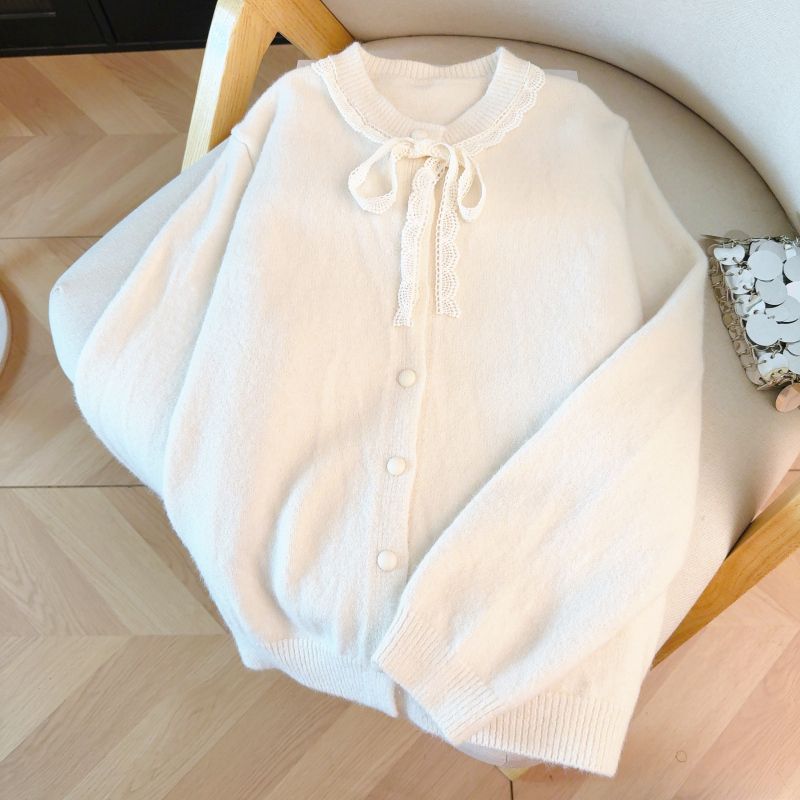 Tender knitted bow red sweater spring lace round neck tops