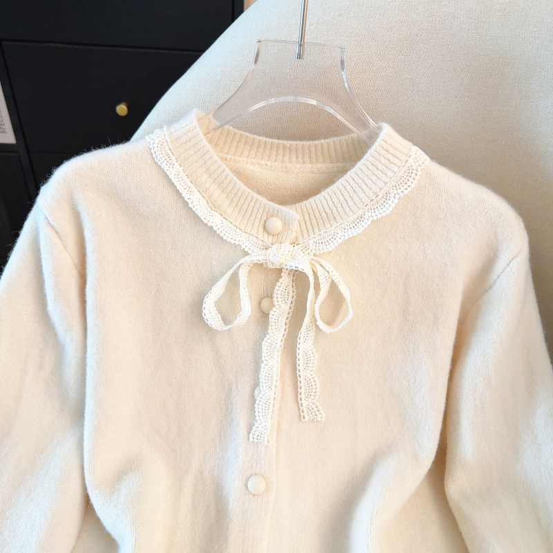 Tender knitted bow red sweater spring lace round neck tops