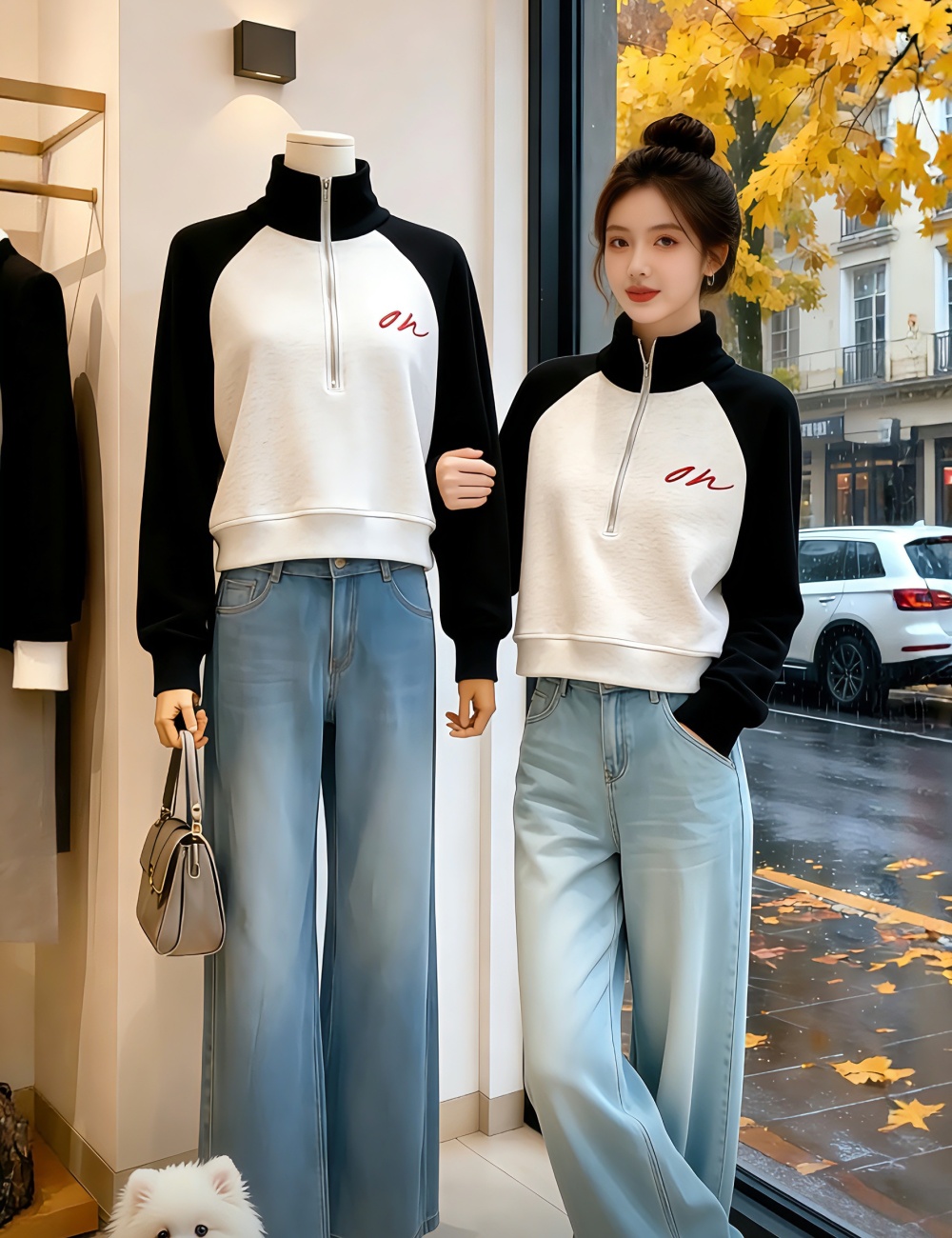 Fashion half zip hoodie short mixed colors tops for women