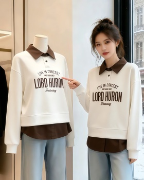 Pseudo-two mixed colors letters spring hoodie for women