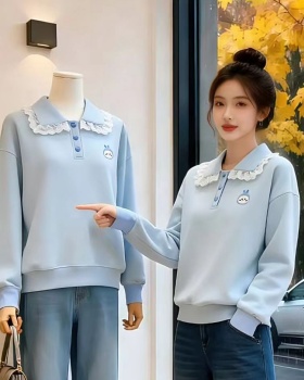 Korean style loose spring tops lapel blue hoodie