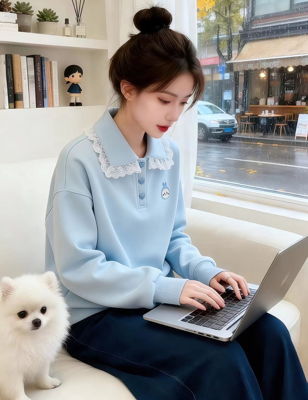 Korean style loose spring tops lapel blue hoodie