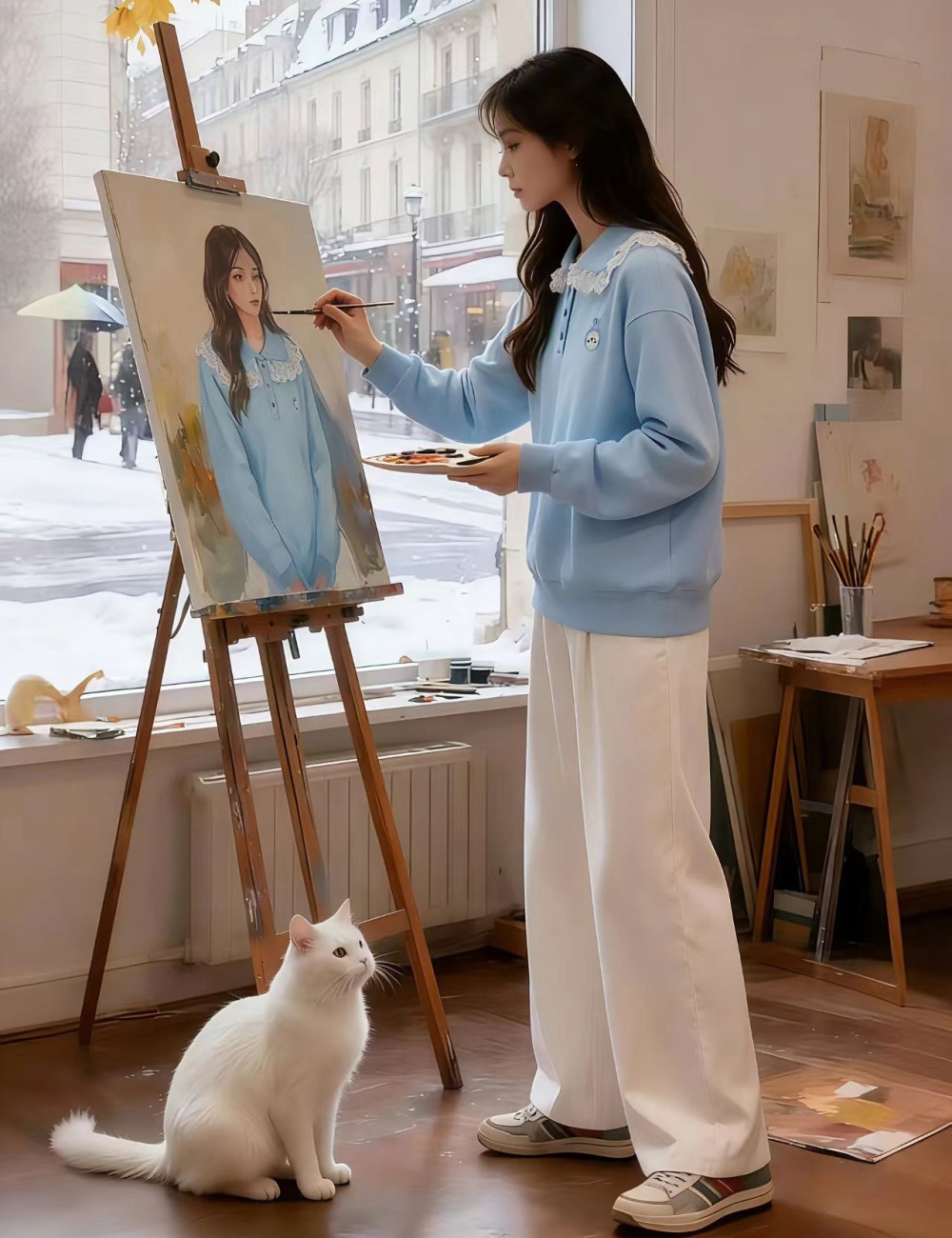 Korean style loose spring tops lapel blue hoodie