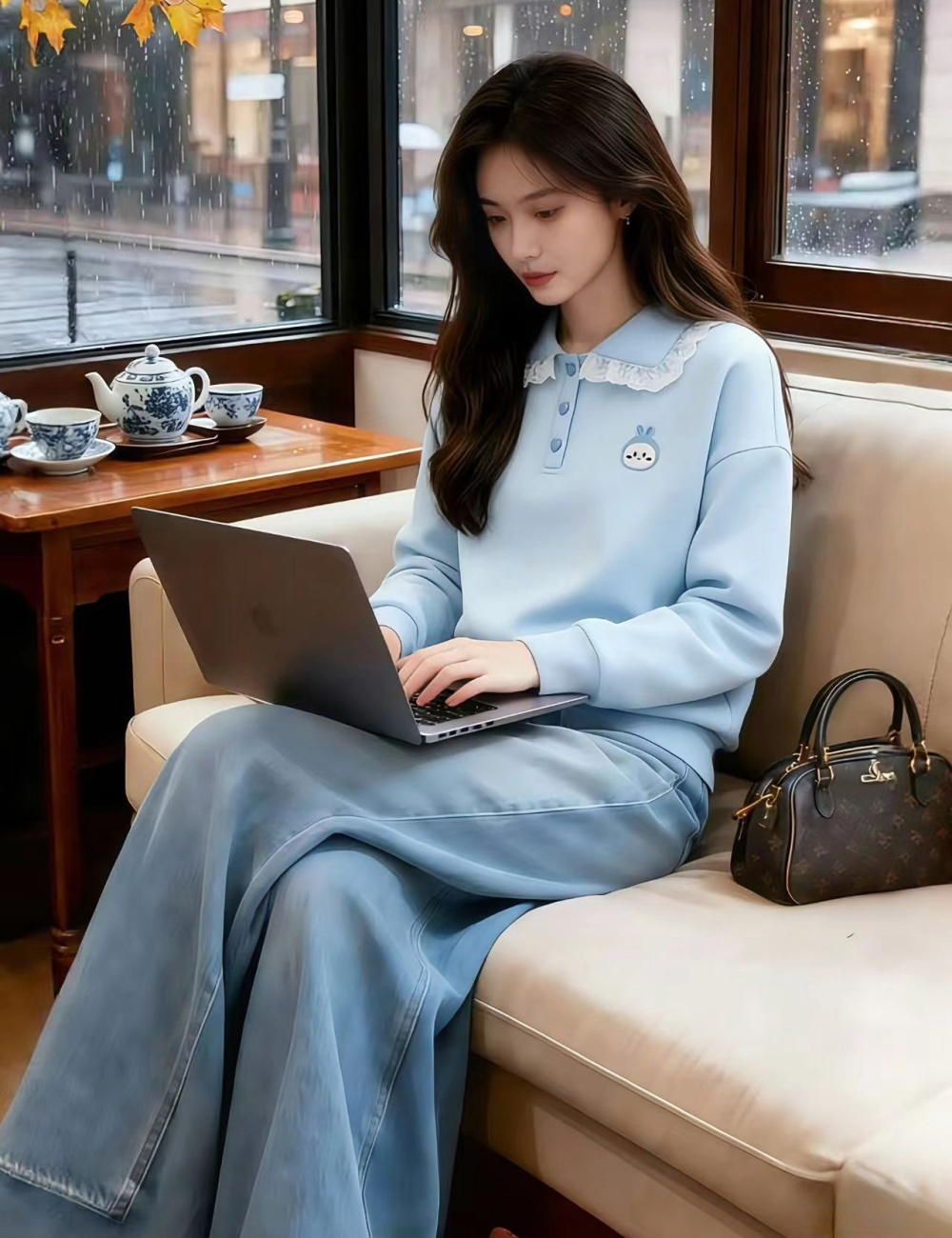 Korean style loose spring tops lapel blue hoodie