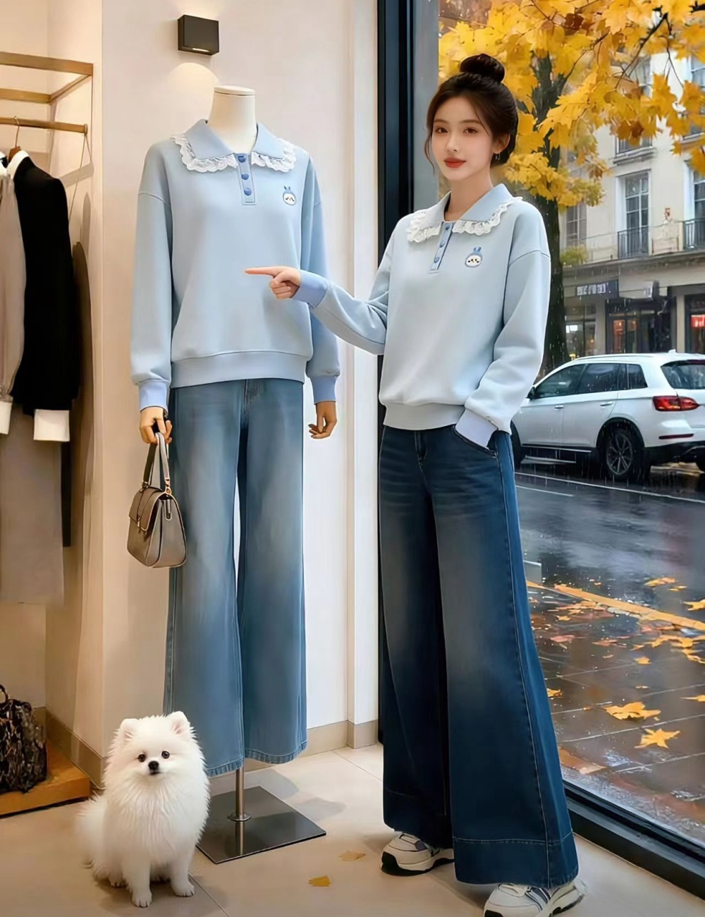 Korean style loose spring tops lapel blue hoodie