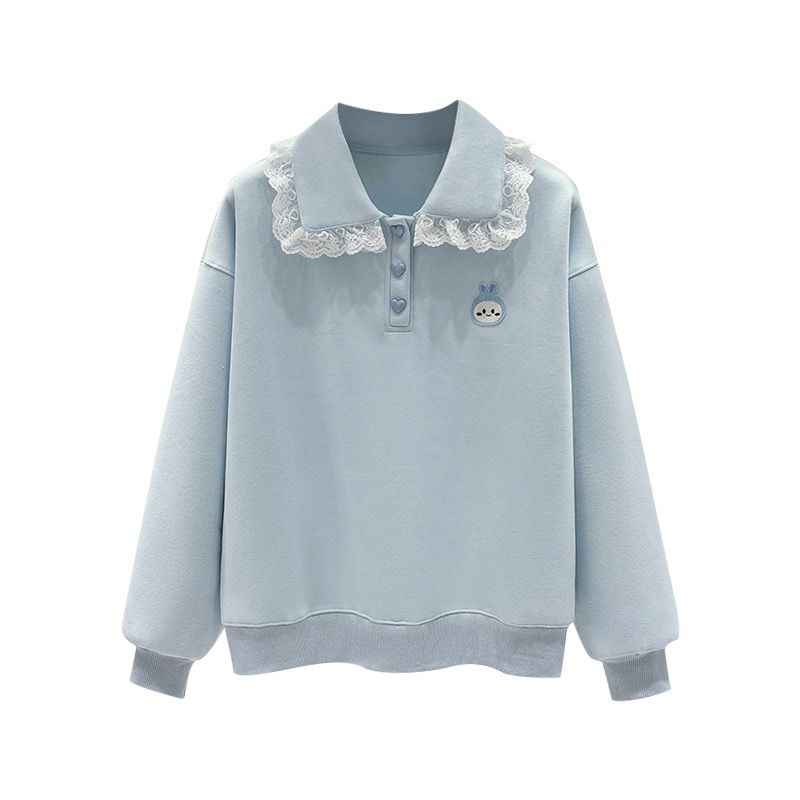 Korean style loose spring tops lapel blue hoodie