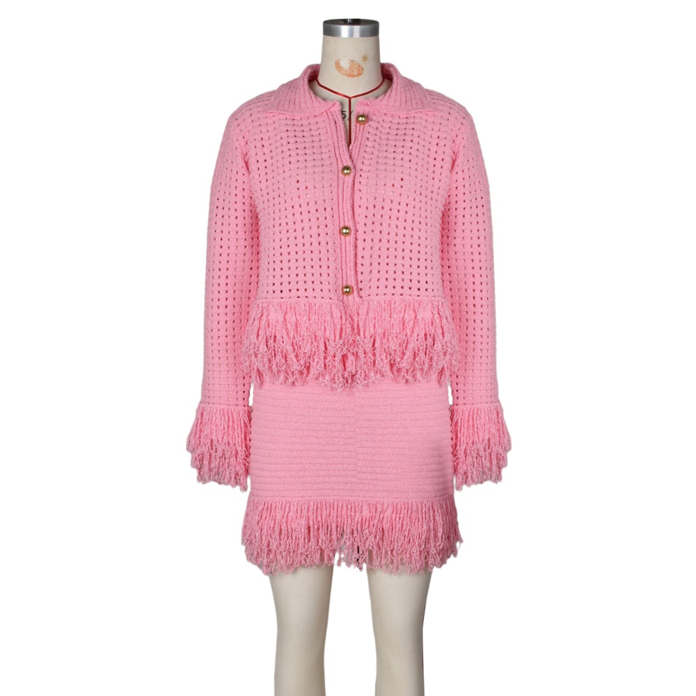 Lapel tassels coat spring European style skirt a set for women