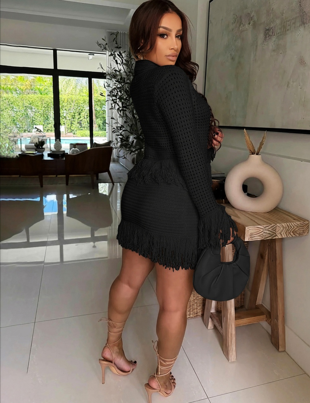 Lapel tassels coat spring European style skirt a set for women