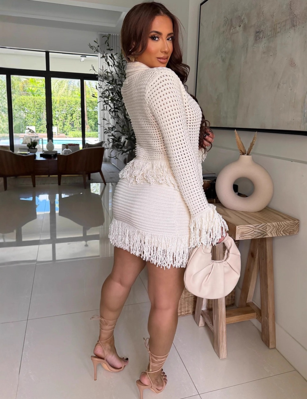 Lapel tassels coat spring European style skirt a set for women