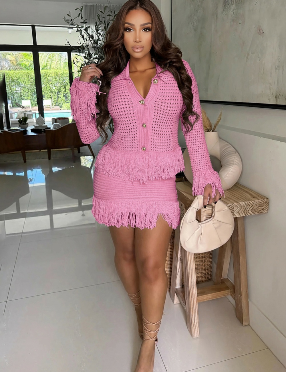 Lapel tassels coat spring European style skirt a set for women