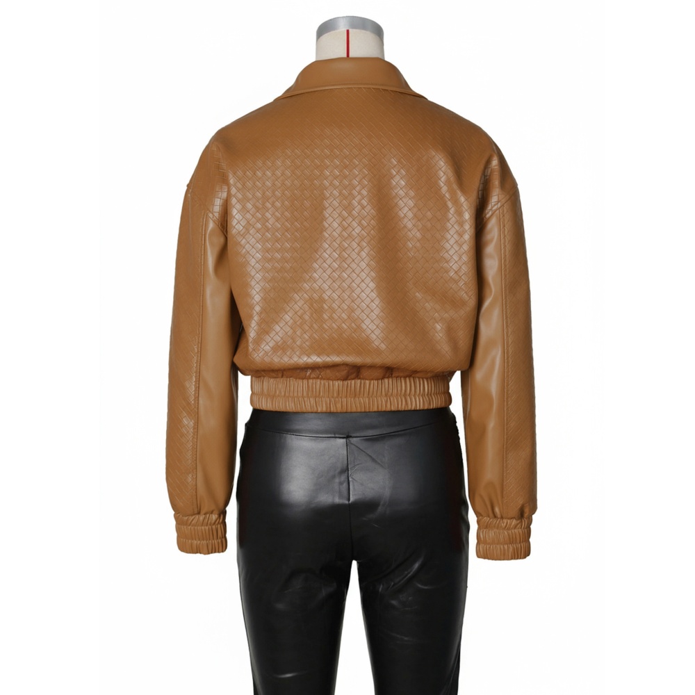 Zip short lapel tops European style PU coat for women