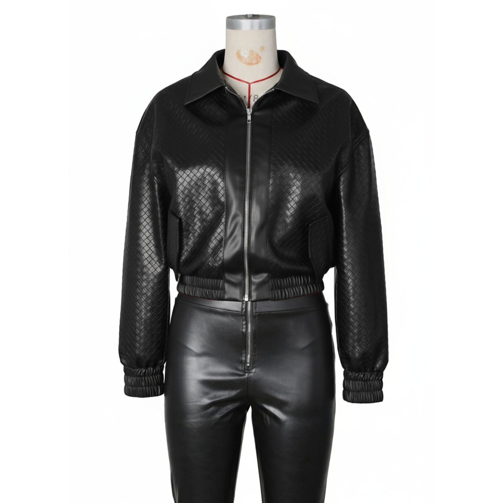 Zip short lapel tops European style PU coat for women