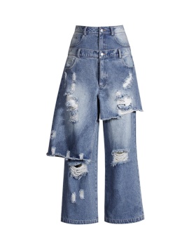 Pseudo-two high waist jeans loose culottes for women