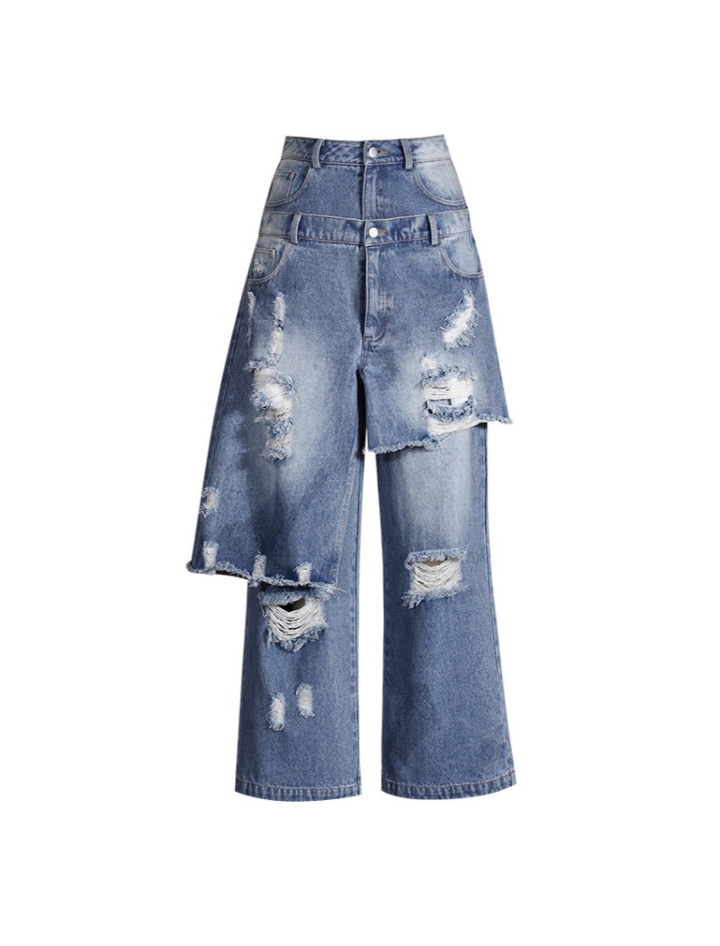 Pseudo-two high waist jeans loose culottes for women