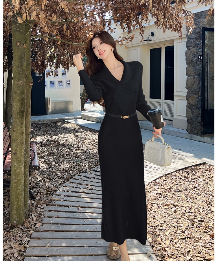 Temperament long dress V-neck sweater dress for women