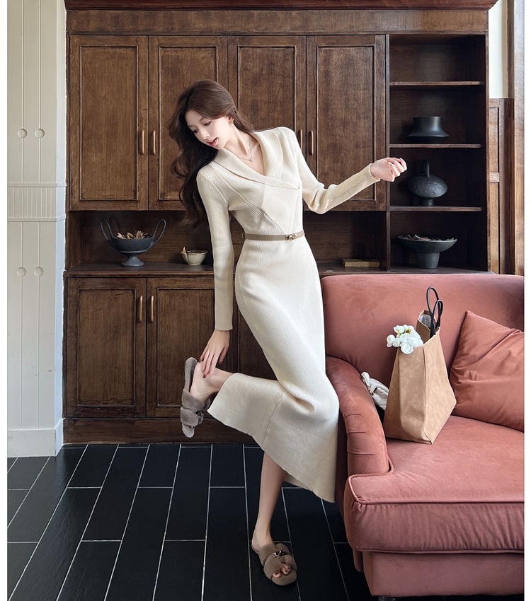 Temperament long dress V-neck sweater dress for women
