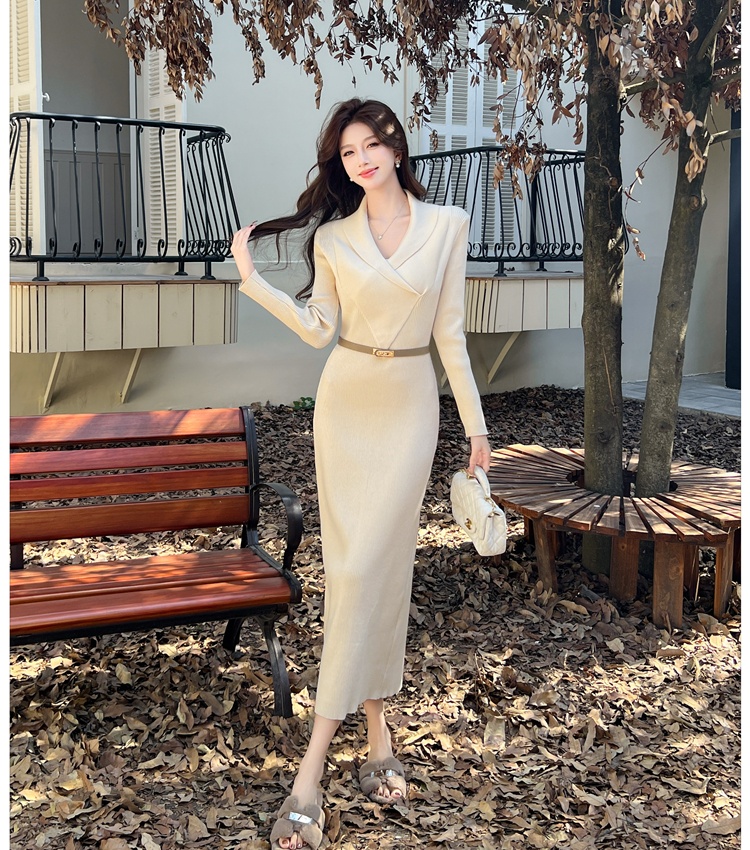 Temperament long dress V-neck sweater dress for women