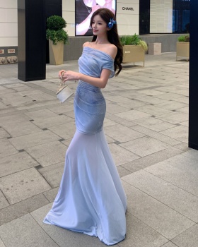 Sloping shoulder blue long dress blooming thin dress