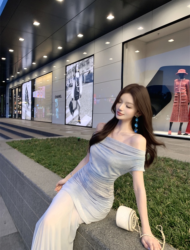 Sloping shoulder blue long dress blooming thin dress