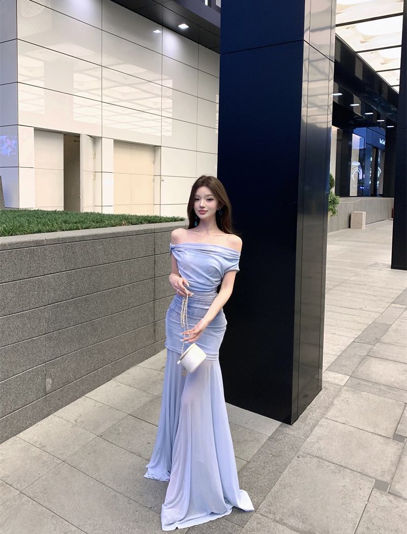 Sloping shoulder blue long dress blooming thin dress