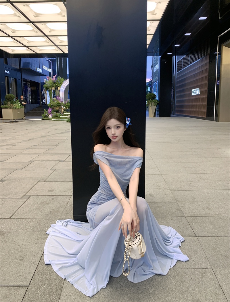 Sloping shoulder blue long dress blooming thin dress
