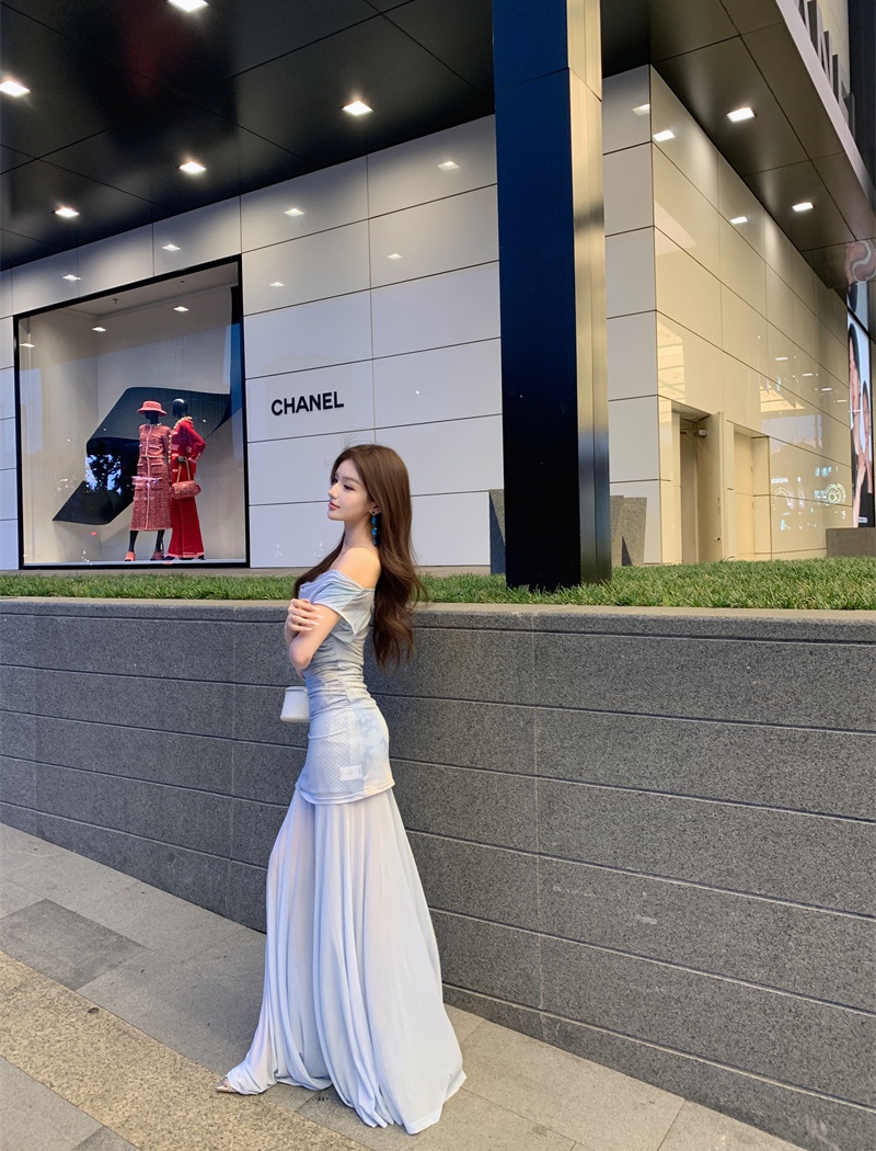 Sloping shoulder blue long dress blooming thin dress