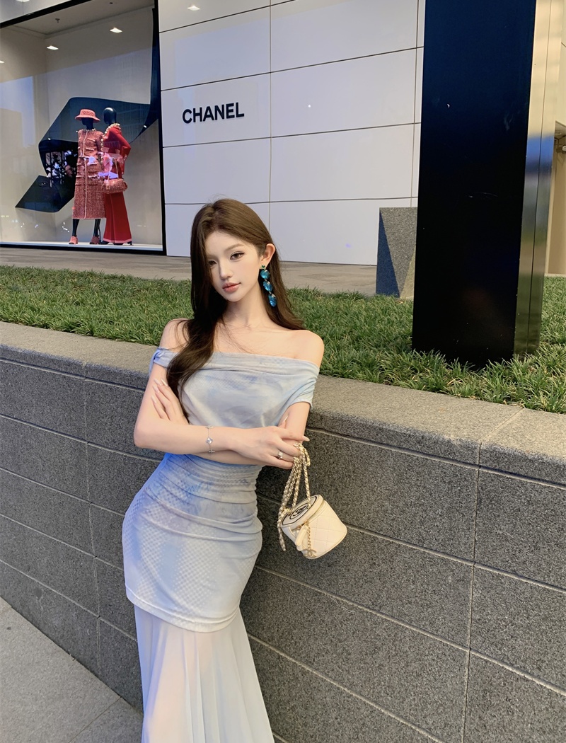 Sloping shoulder blue long dress blooming thin dress