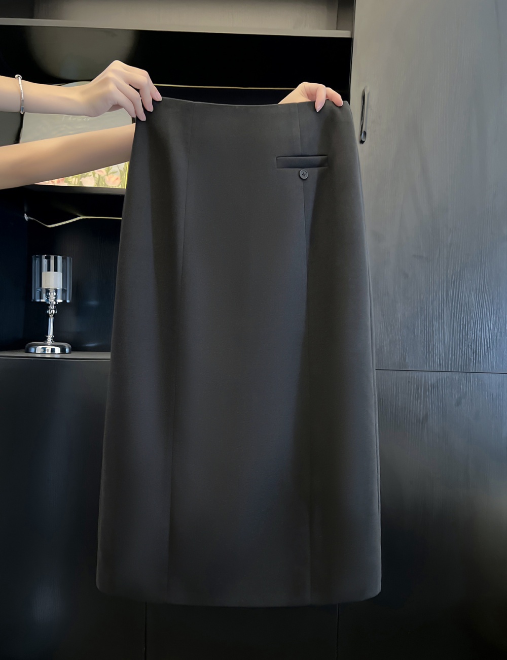 Dark-gray autumn and winter long dress slim skirt