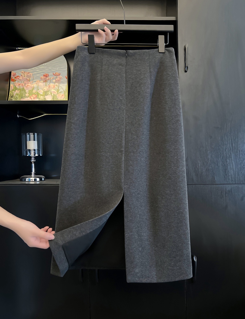 Dark-gray autumn and winter long dress slim skirt