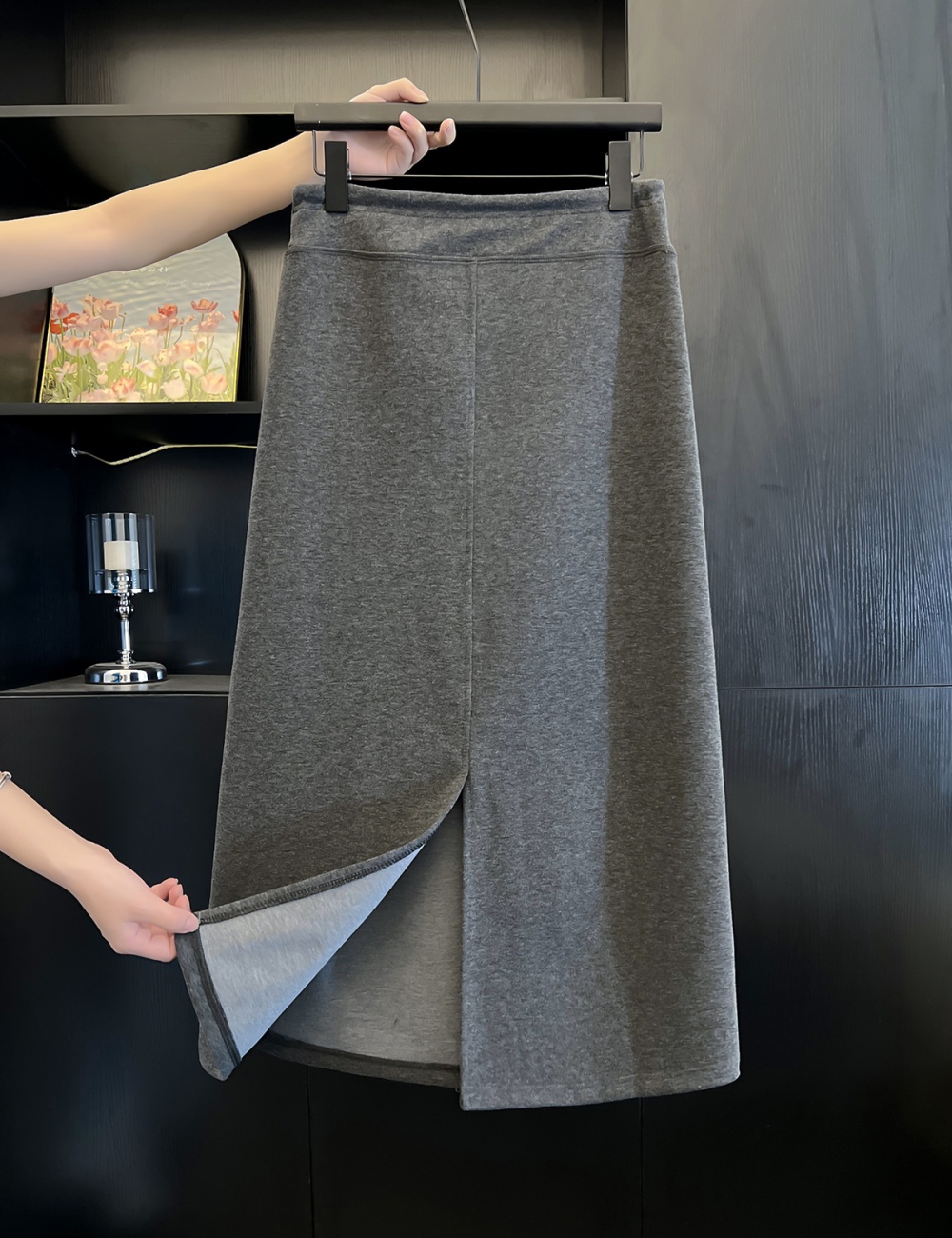 Temperament package hip split long gray slim skirt for women