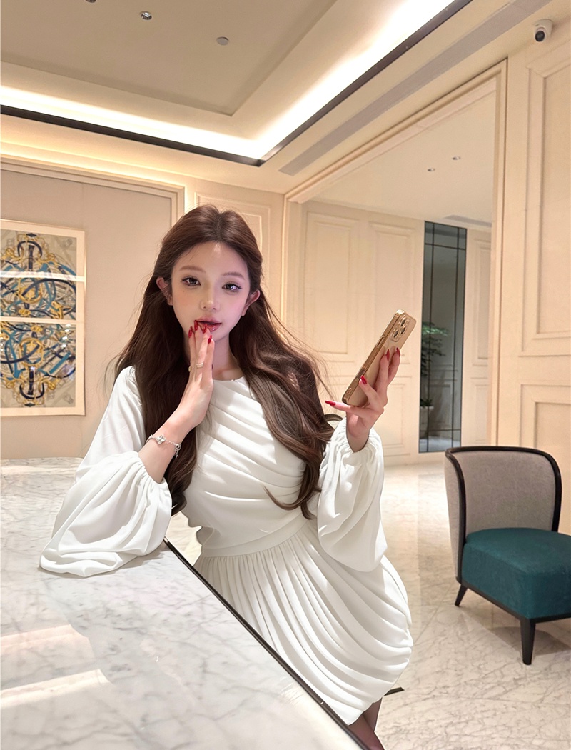 Long sleeve fold lantern sleeve spring dress for women