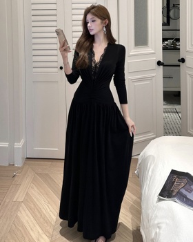 Splice long sleeve long dress pinched waist dress for women