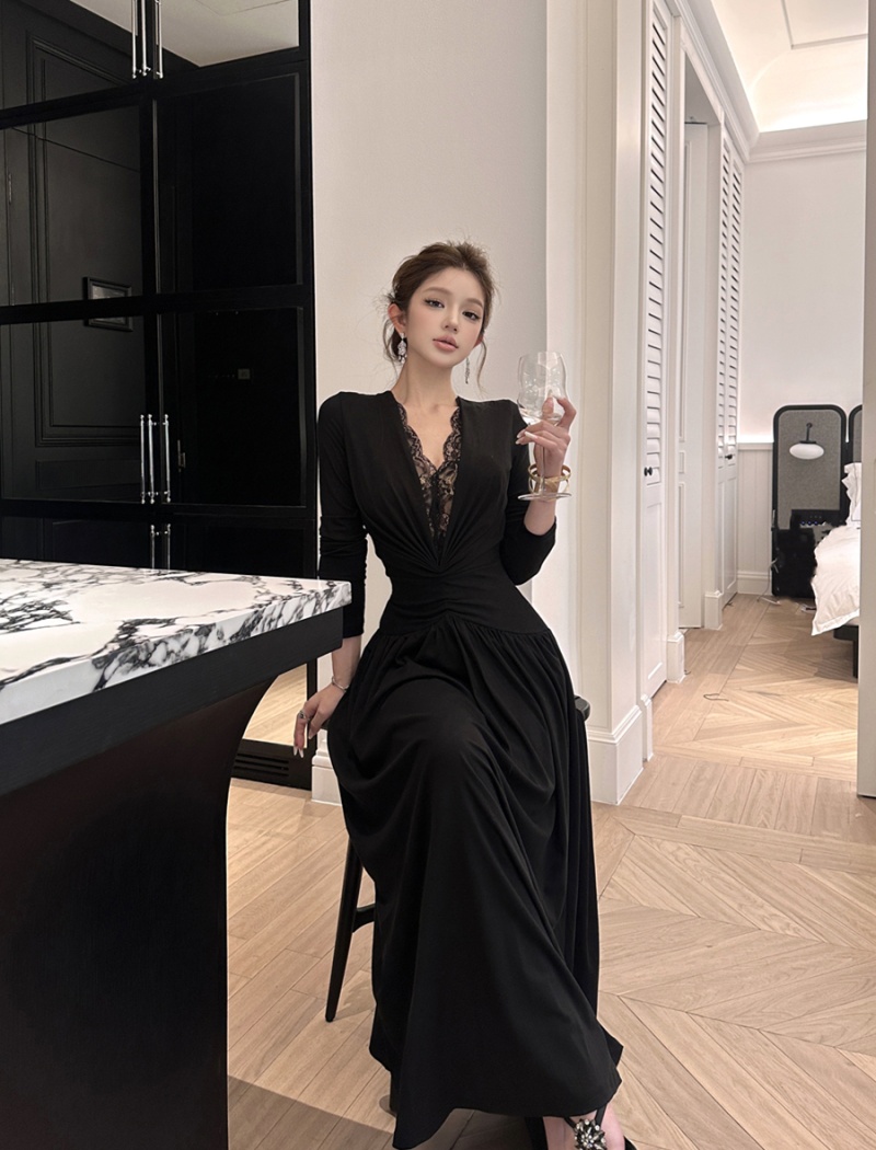 Splice long sleeve long dress pinched waist dress for women