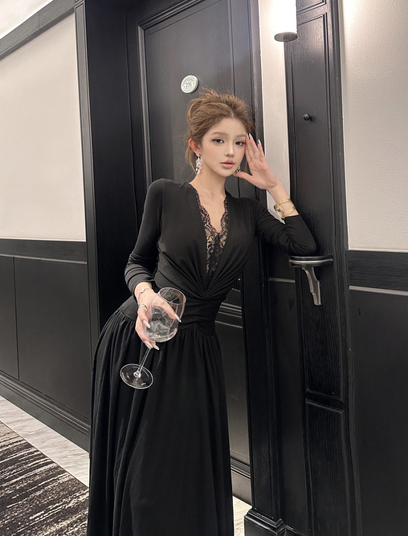 Splice long sleeve long dress pinched waist dress for women