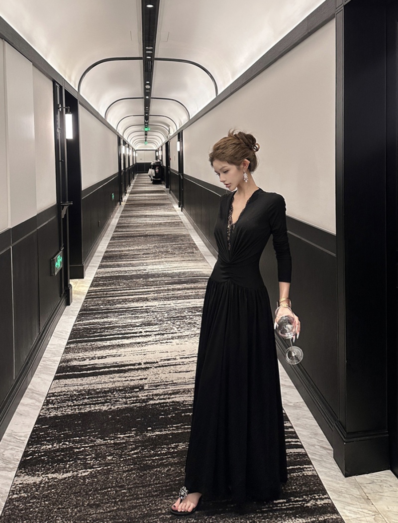 Splice long sleeve long dress pinched waist dress for women