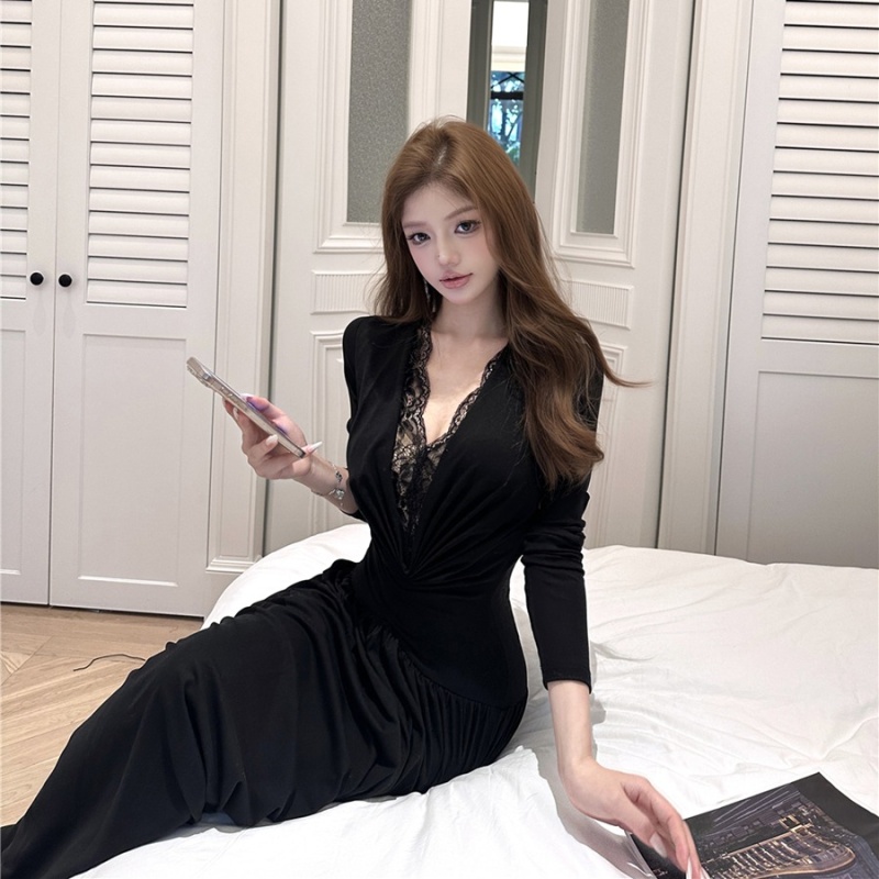 Splice long sleeve long dress pinched waist dress for women