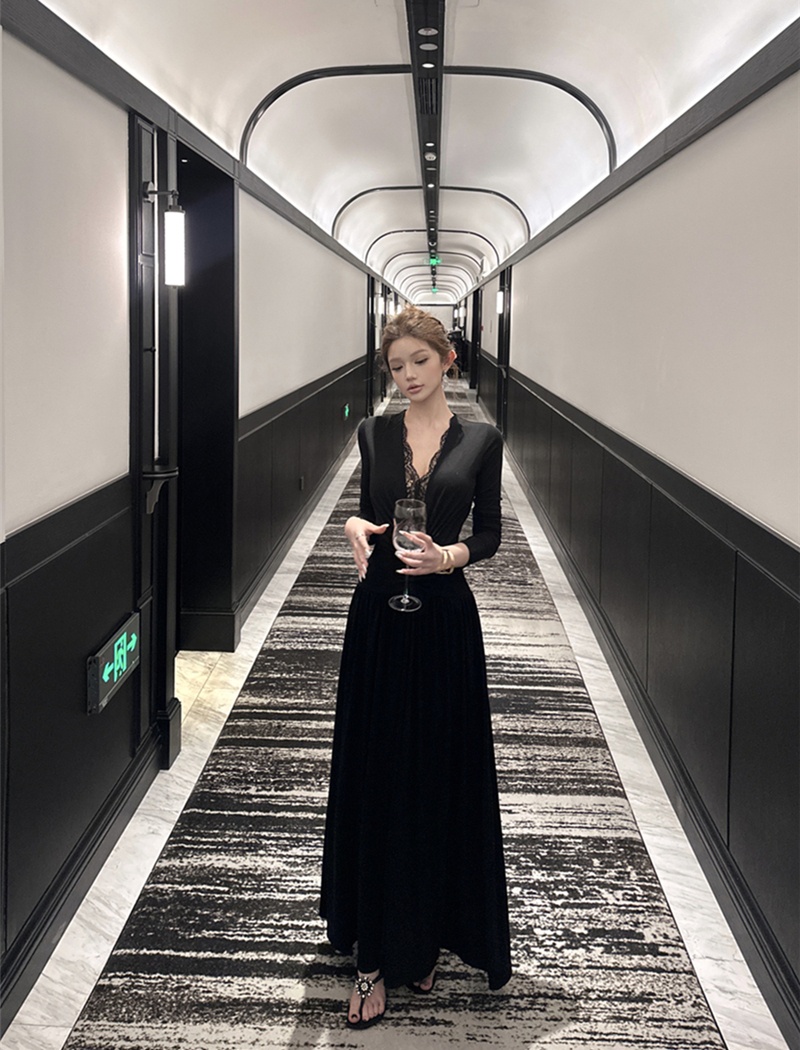 Splice long sleeve long dress pinched waist dress for women