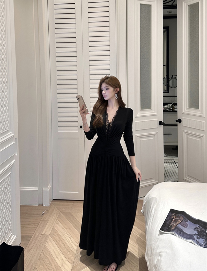 Splice long sleeve long dress pinched waist dress for women