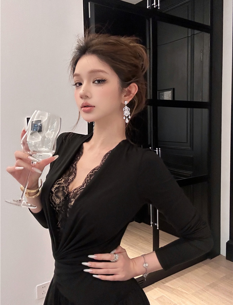 Splice long sleeve long dress pinched waist dress for women