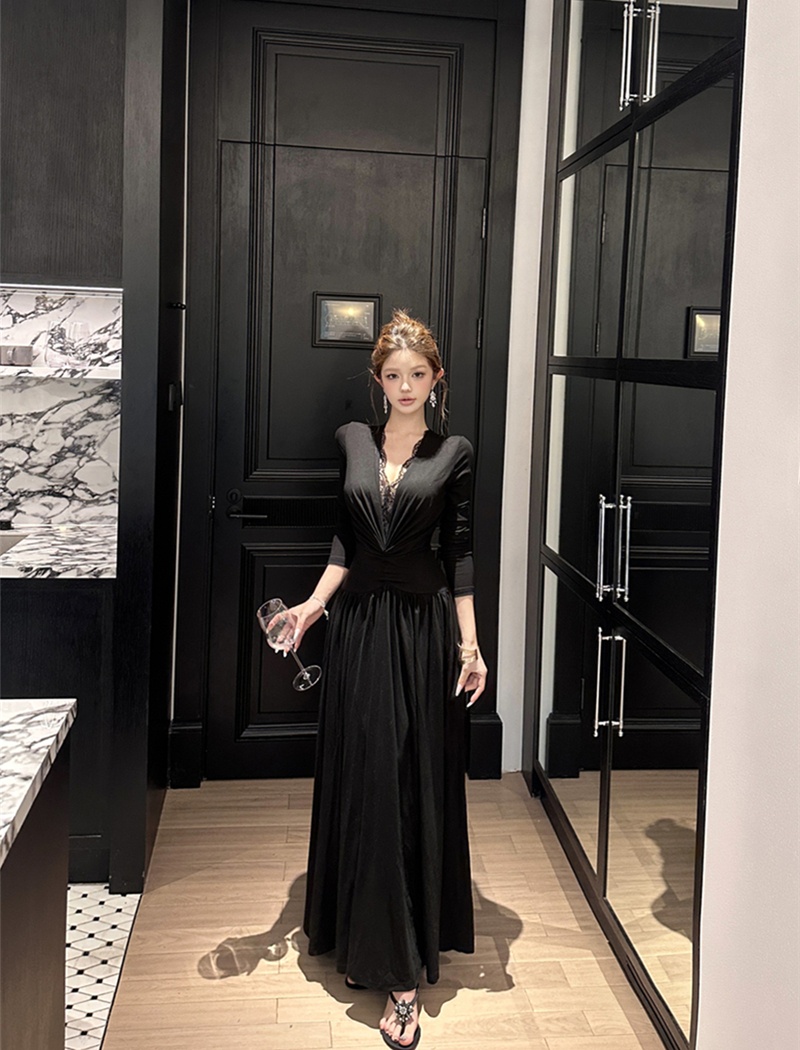Splice long sleeve long dress pinched waist dress for women