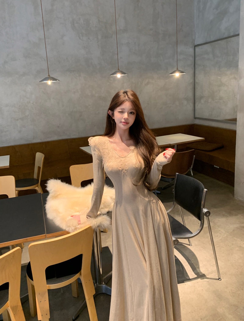 Sexy big skirt long dress slim lace dress for women