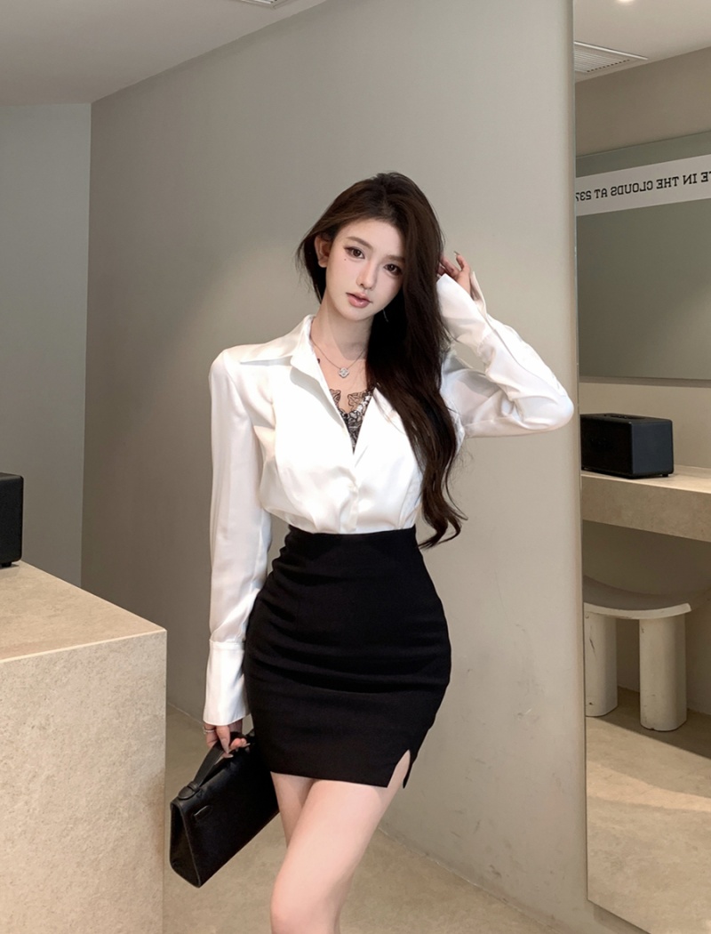 Long sleeve short skirt package hip shirt for women