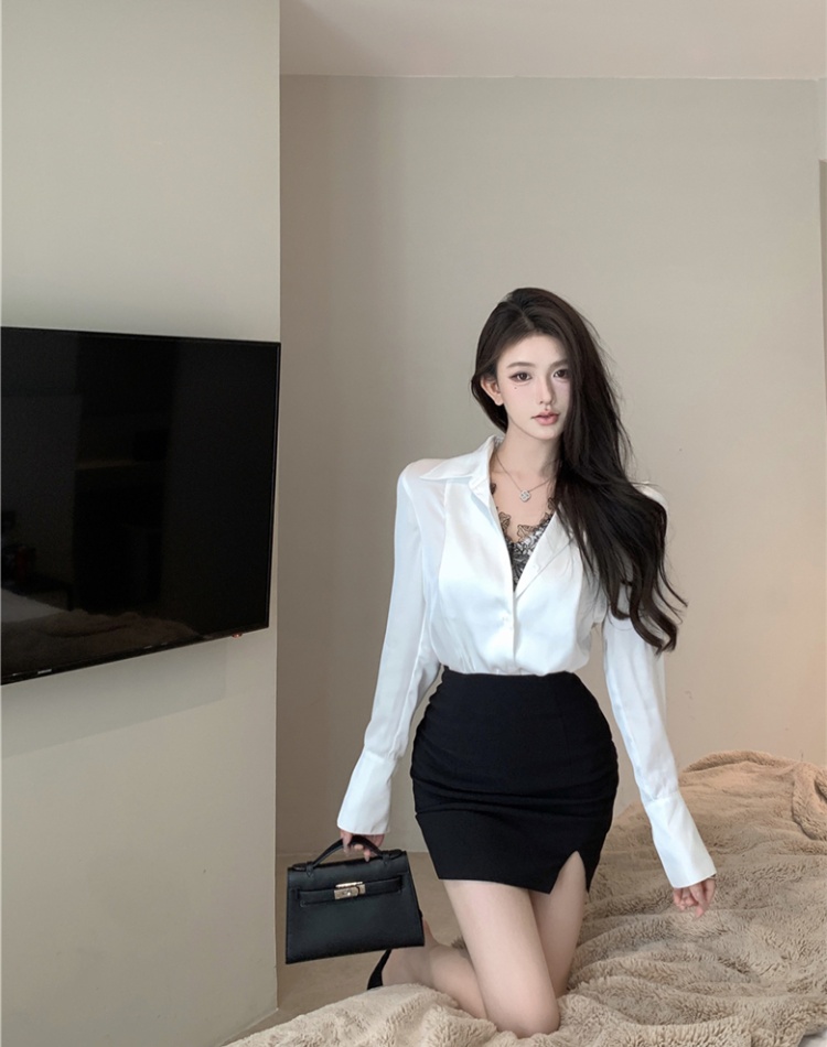Long sleeve short skirt package hip shirt for women