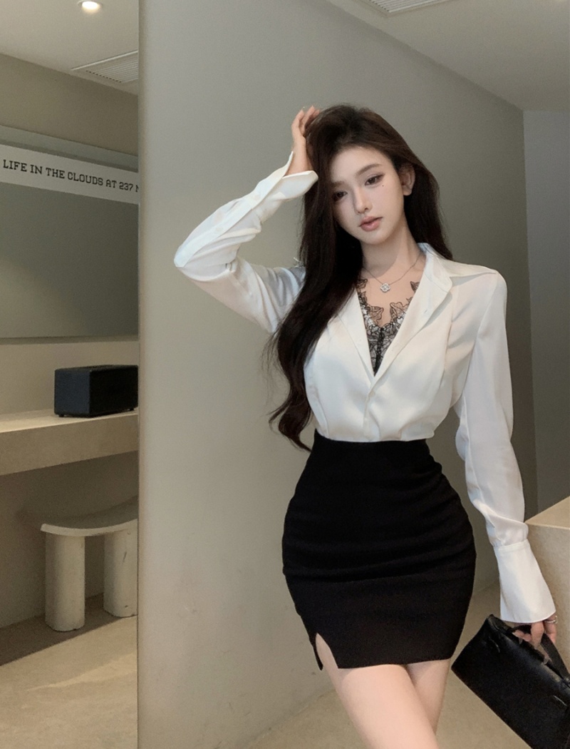 Long sleeve short skirt package hip shirt for women